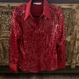 ZARA Red Sequin Long Sleeve Button Christmas Holiday Blouse Shirt sz M